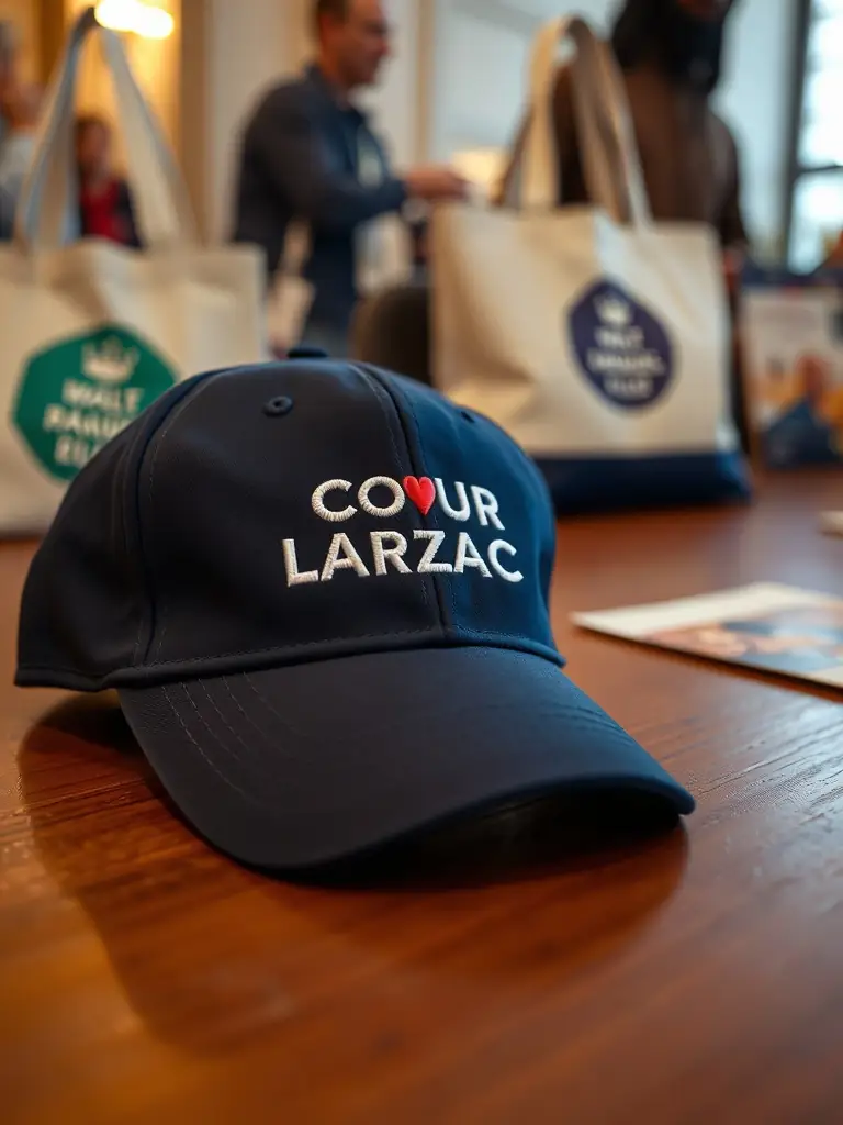 A COEUR LARZAC branded cap displayed on a table at a fundraising event, with other merchandise items in the background.