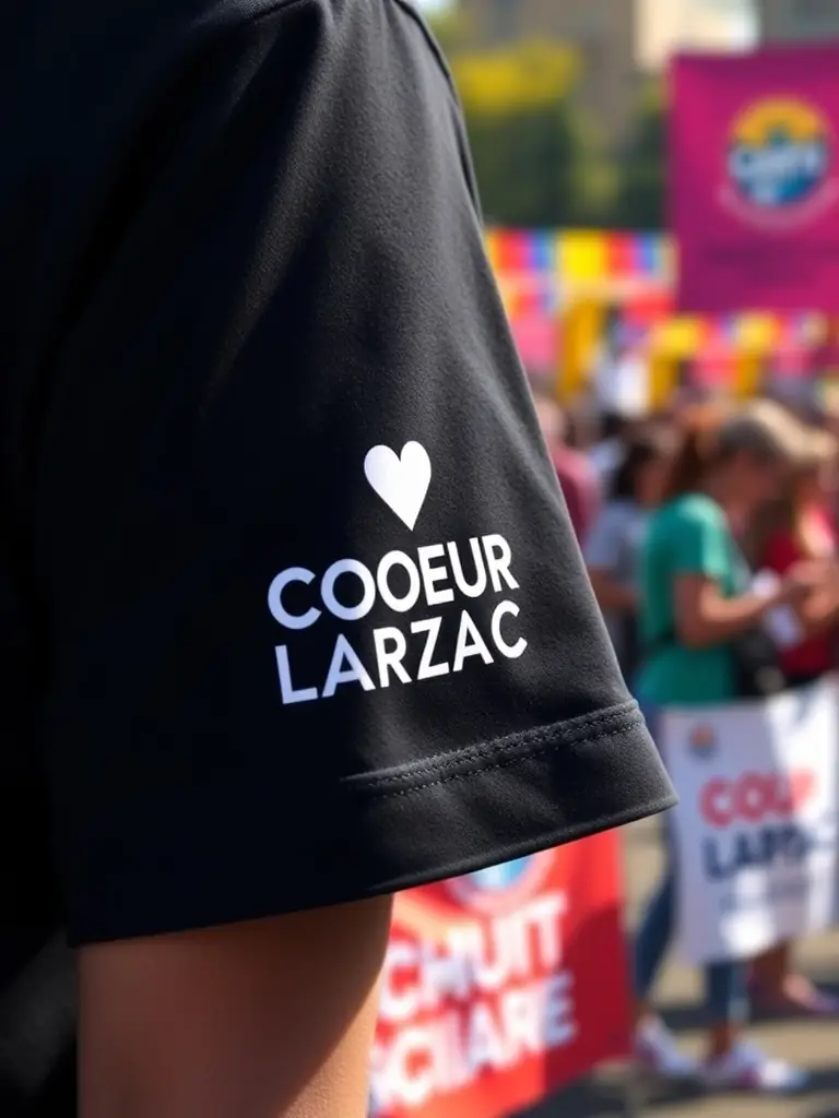 A close-up shot of a COEUR LARZAC branded t-shirt, showcasing the logo and design, with a blurred background of a charity event.