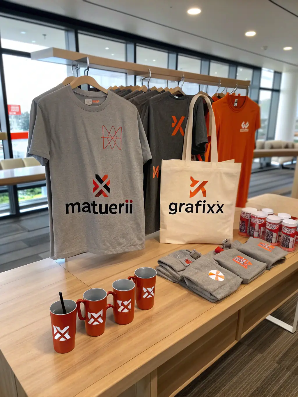 A display of T-shirts, caps, and tote bags featuring the COEUR LARZAC logo, showcasing the Branded Merchandise available for purchase.