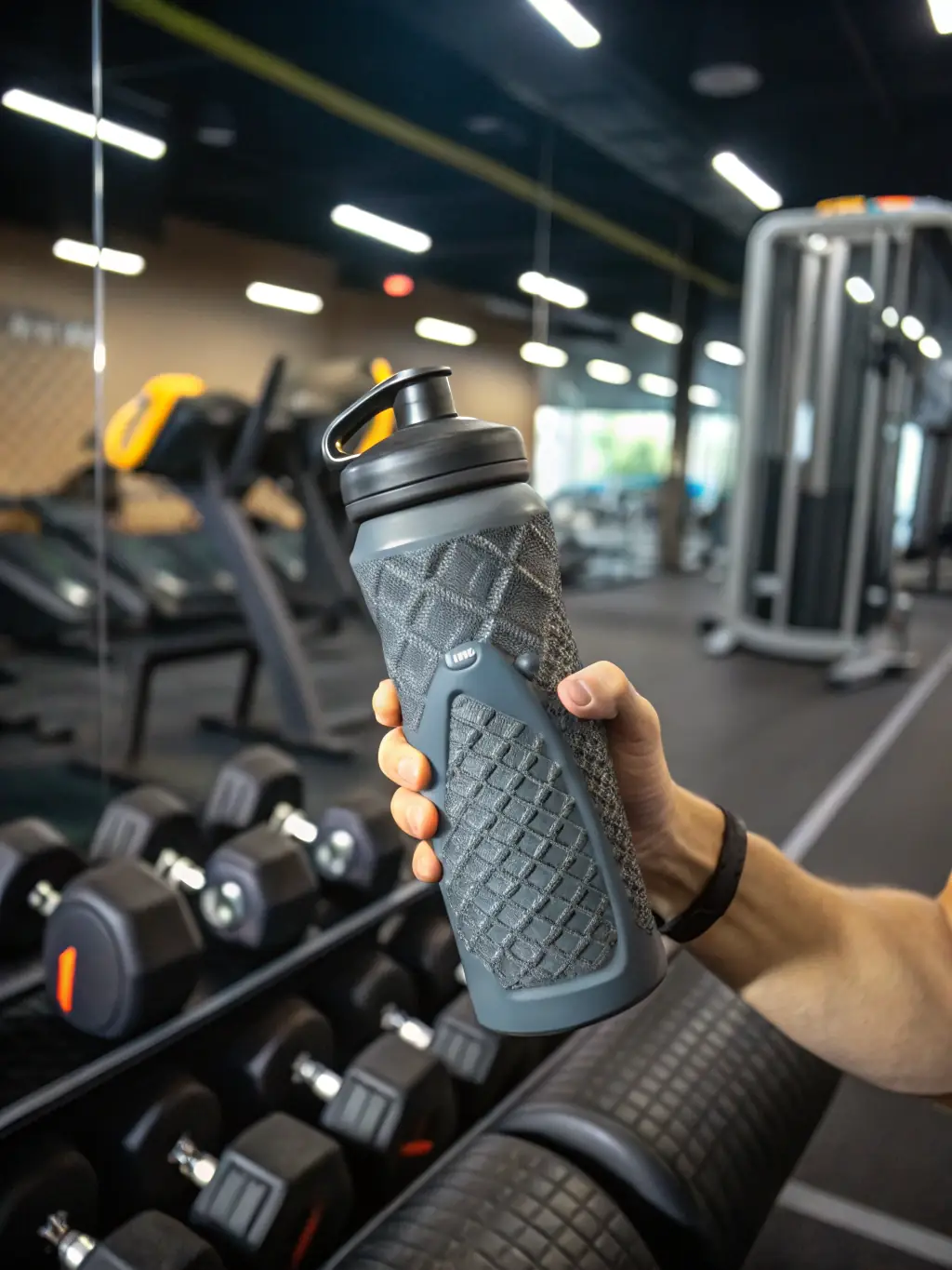 A COEUR LARZAC branded water bottle being used by a runner during a charity run, with the COEUR LARZAC logo prominently displayed.