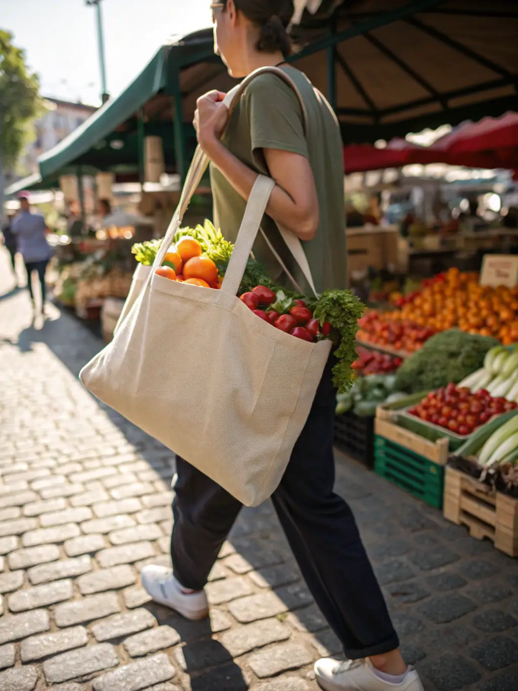 A COEUR LARZAC branded tote bag filled with groceries, being carried by a person in a market setting.